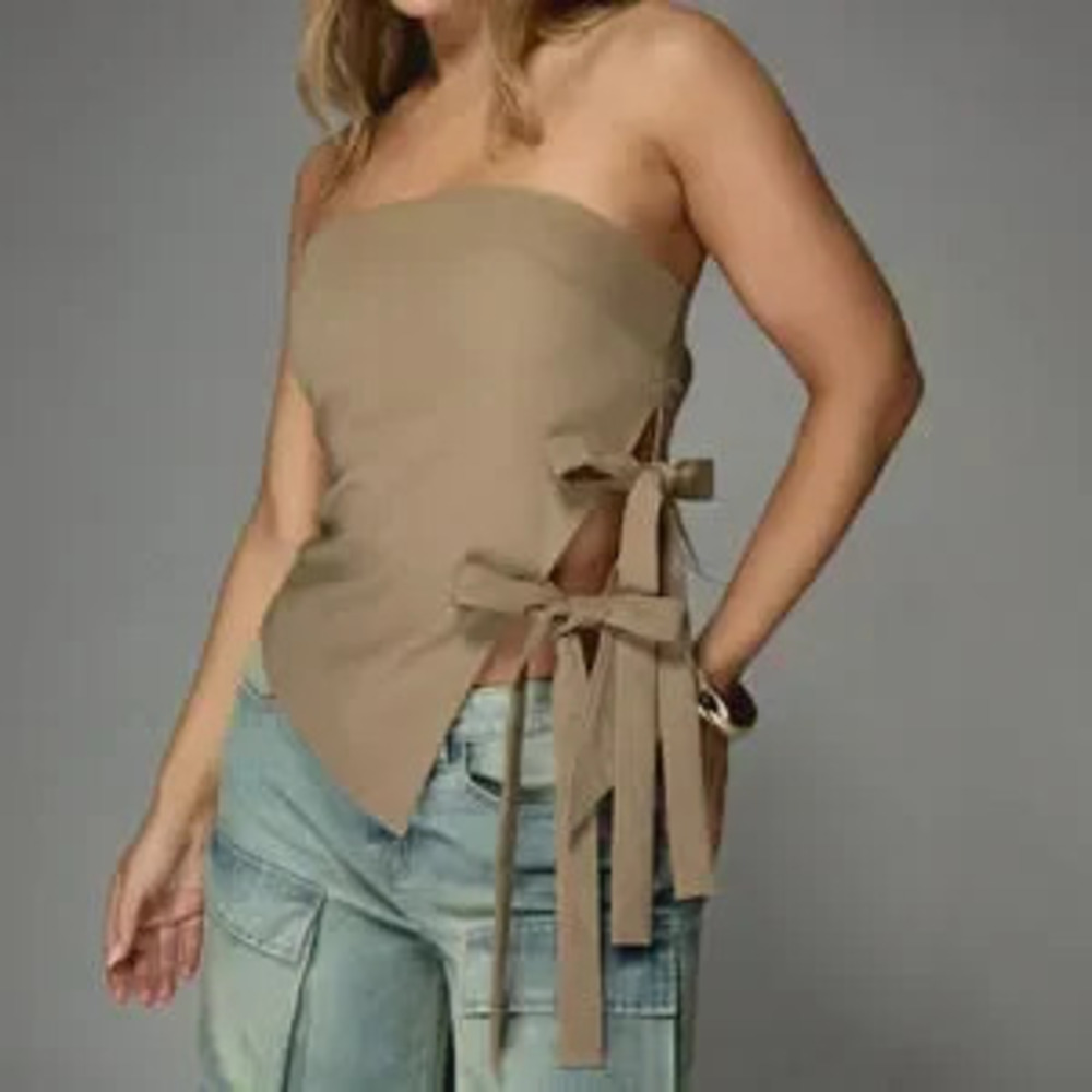 ZARA Apricot Casual Women's Asymmetric Hem Bow Detail Bandeau Top